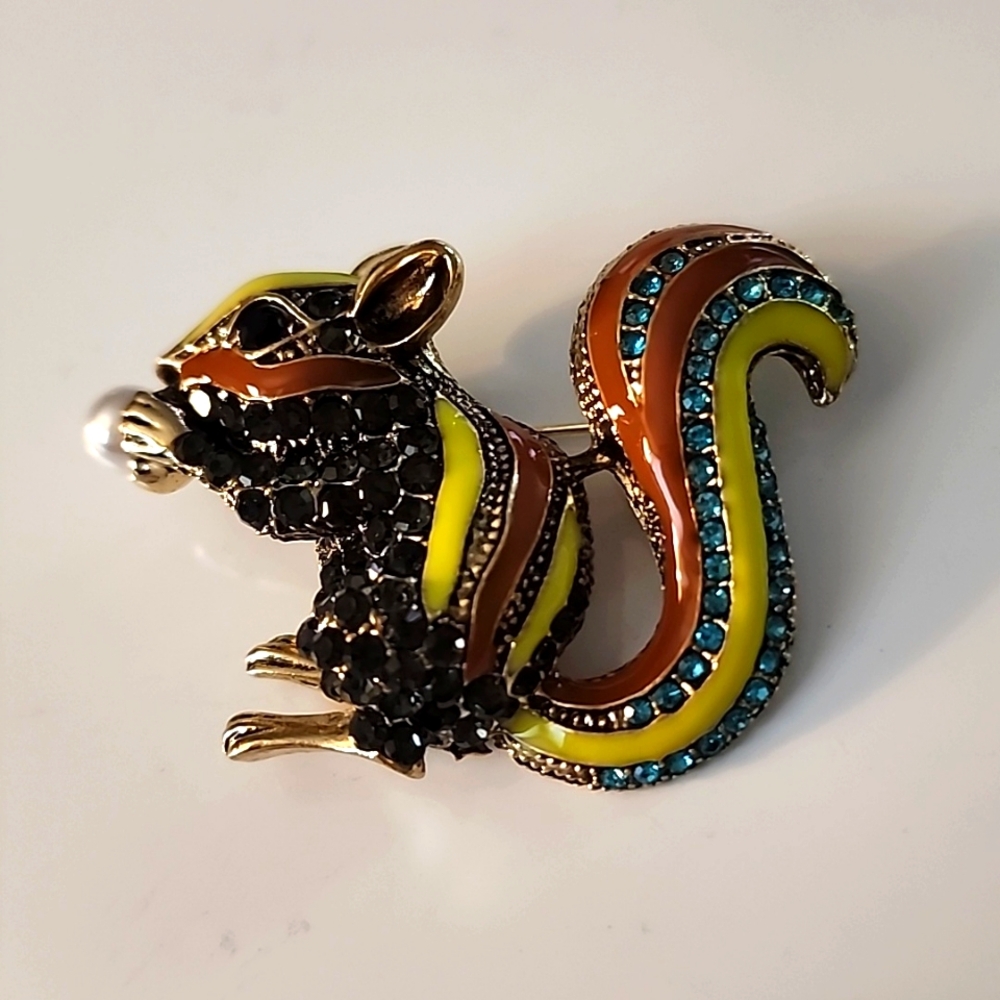 SQUIRREL necklace BROOCH combo Multicolor Simulated Gemstones BRG - Picture 2 of 6